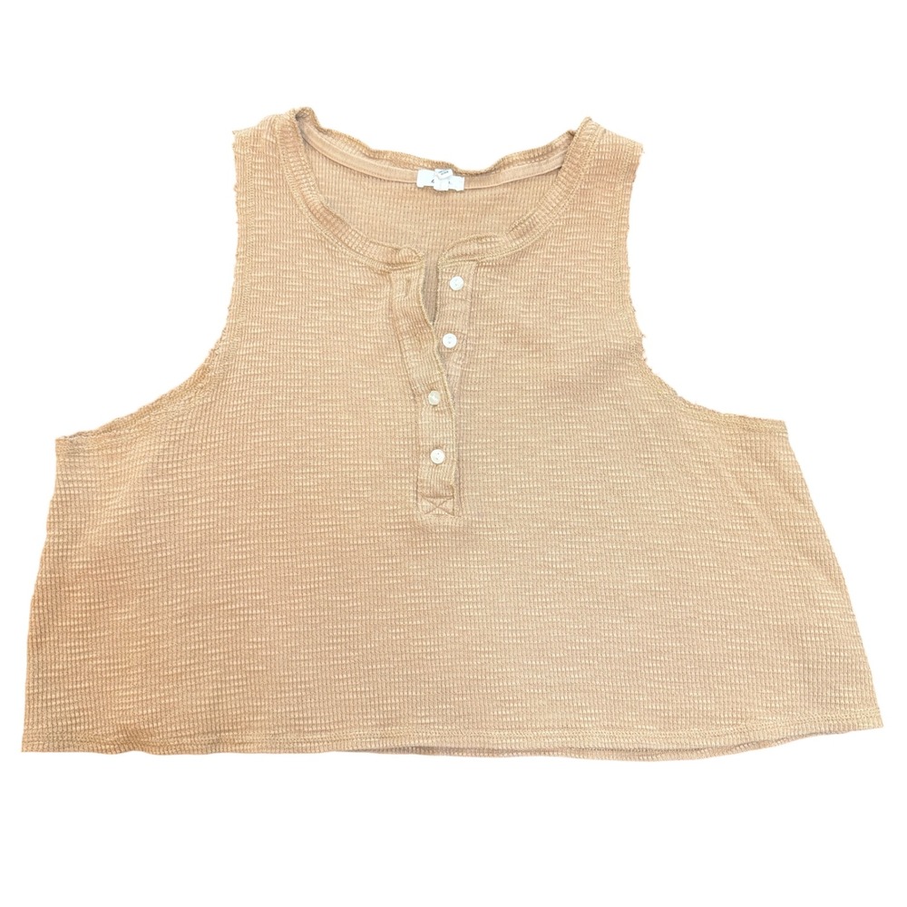Aerie Henley Tank Top Womens XL Tan Beige Waffle Knit Cotton Raw Edge Crop